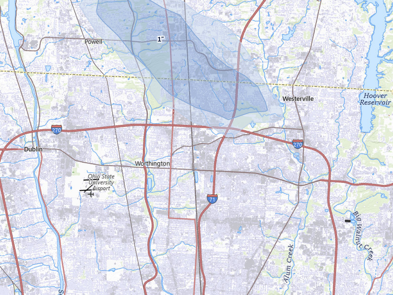 NEXRAD radar-signature map of the hail storm over Columbus, OH on Jul 10, 2026