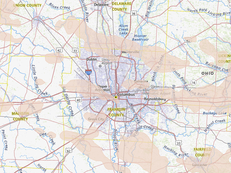 Radar-estimated hail-size map of the storm over Columbus, OH on Aug 10, 2026