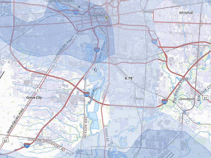 NEXRAD radar-signature map of the hail storm over Columbus, OH on Aug 10, 2026