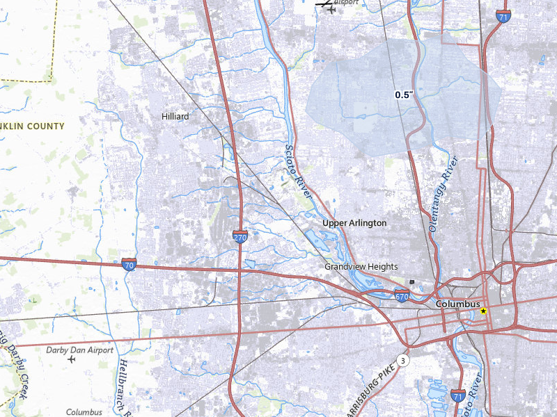 NEXRAD radar-signature map of the hail storm over Columbus, OH on Aug 11, 2026