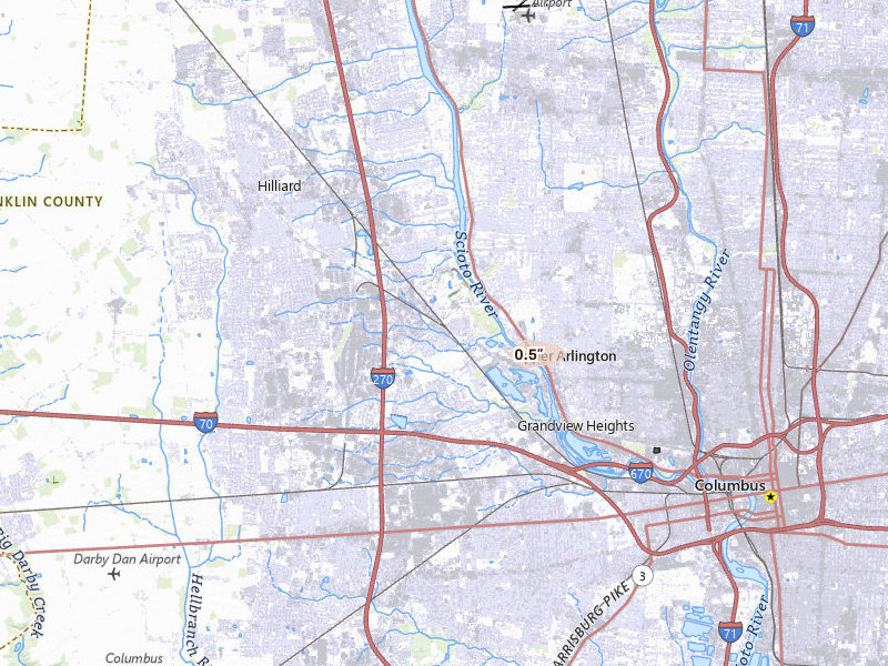 Radar-estimated hail-size map of the storm over Columbus, OH on Sep 4, 2026