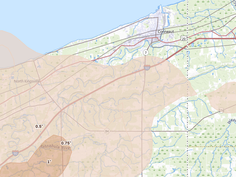 Radar-estimated hail-size map of the storm over Conneaut, OH on Jun 10, 2026