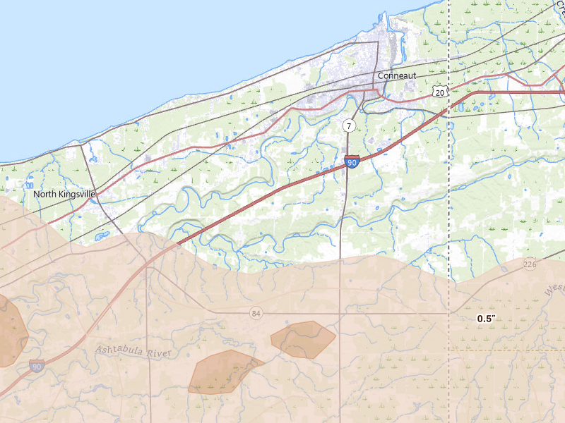 Radar-estimated hail-size map of the storm over Conneaut, OH on Jun 14, 2026