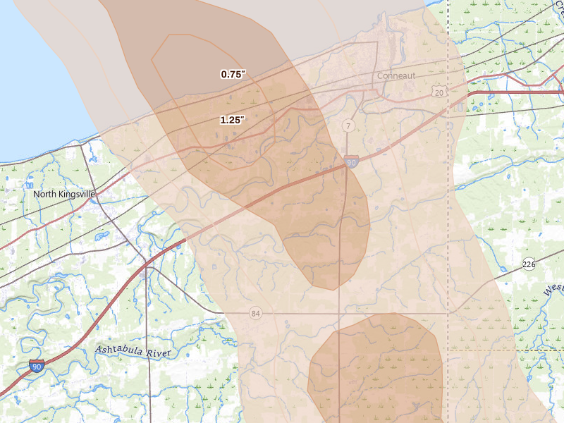 Radar-estimated hail-size map of the storm over Conneaut, OH on Sep 1, 2026