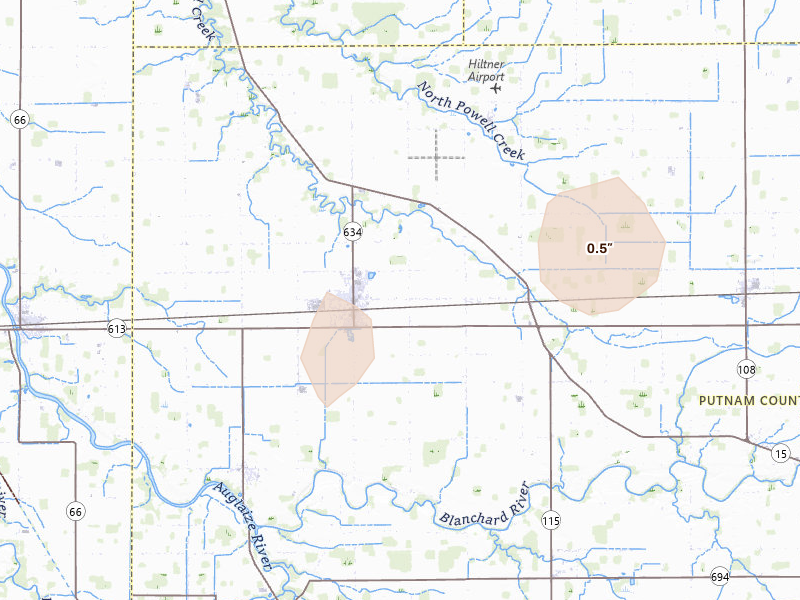 Radar-estimated hail-size map of the storm over Continental, OH on Aug 11, 2026