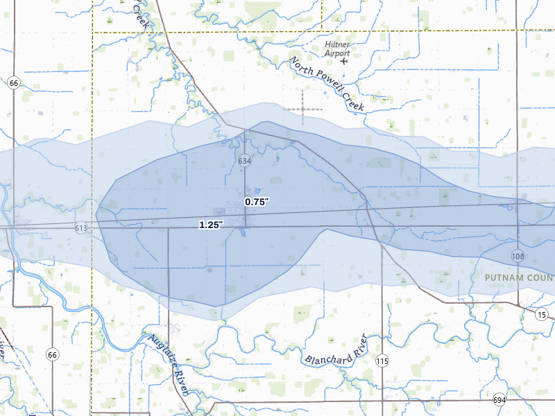 NEXRAD radar-signature map of the hail storm over Continental, OH on Aug 11, 2026