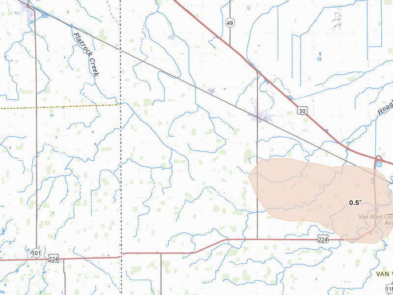 Radar-estimated hail-size map of the storm over Convoy, OH on Jun 6, 2026