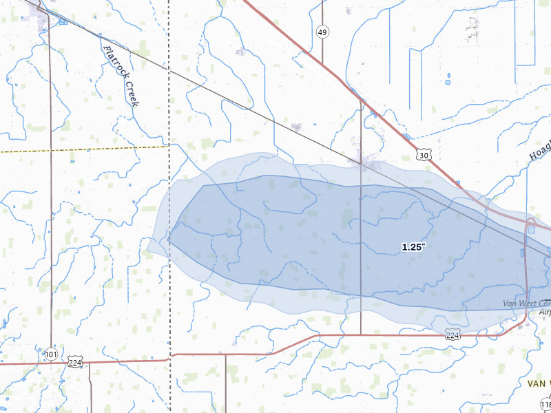 NEXRAD radar-signature map of the hail over Convoy, OH
