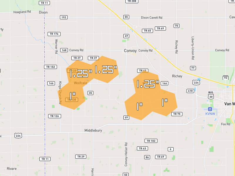 Hail map of Convoy, OH on Jun 7, 2026, hail up to 1.25"