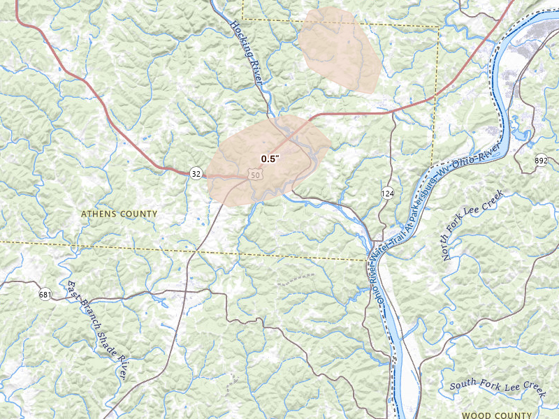 Radar-estimated hail-size map of the storm over Coolville, OH on Jul 17, 2026