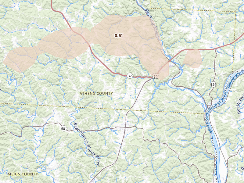 Radar-estimated hail-size map of the storm over Coolville, OH on Aug 22, 2026