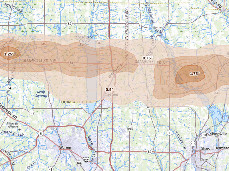 Radar-estimated hail-size map of the storm over Cortland, OH