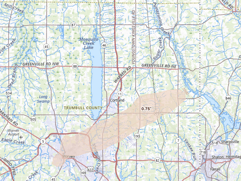 Radar-estimated hail-size map of the storm over Cortland, OH on Jul 4, 2026
