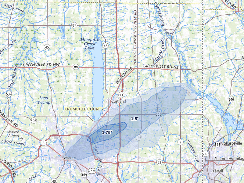 NEXRAD radar-signature map of the hail over Cortland, OH