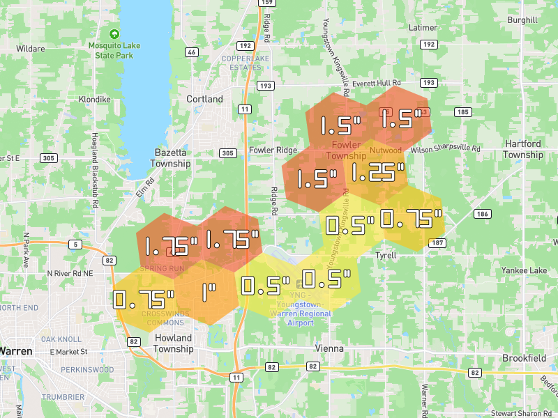 Hail map of Cortland, OH on Jul 4, 2026, hail up to 1.75"