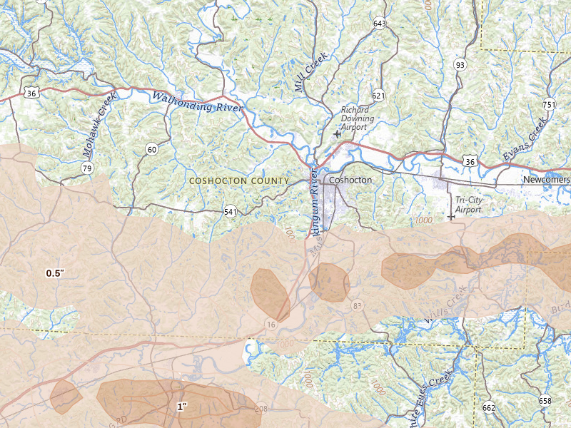 Radar-estimated hail-size map of the storm over Coshocton, OH on Mar 22, 2026