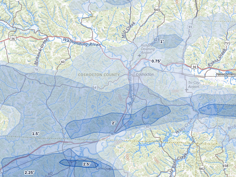 NEXRAD radar-signature map of the hail storm over Coshocton, OH on Mar 22, 2026
