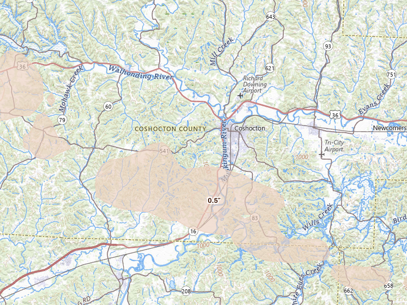 Radar-estimated hail-size map of the storm over Coshocton, OH on Mar 26, 2026