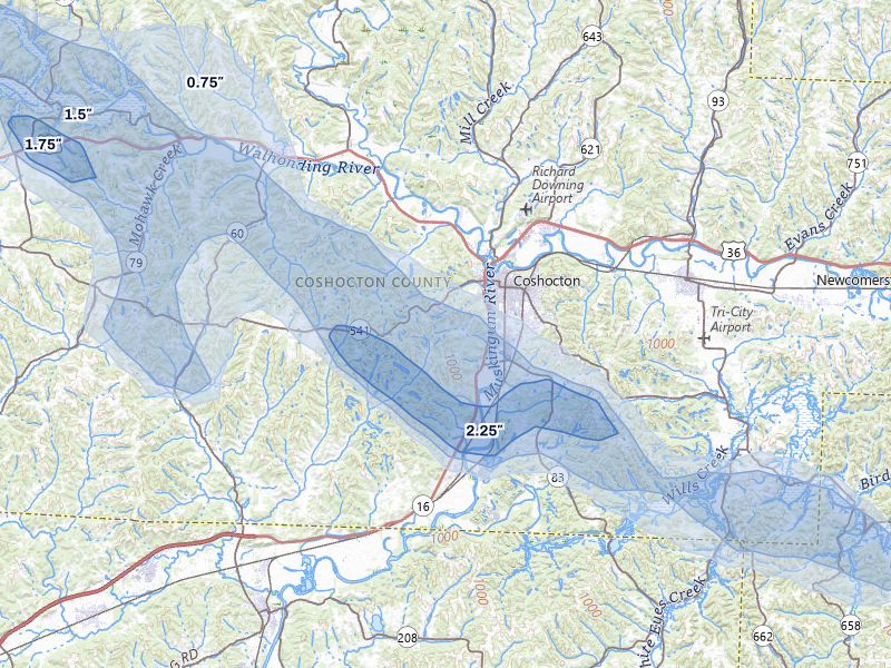 NEXRAD radar-signature map of the hail over Coshocton, OH