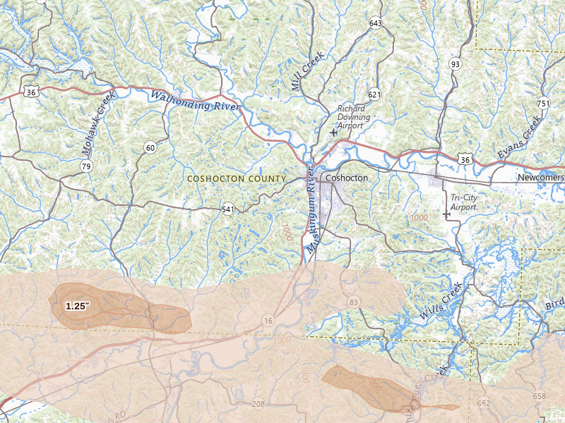 Radar-estimated hail-size map of the storm over Coshocton, OH on Jun 6, 2026