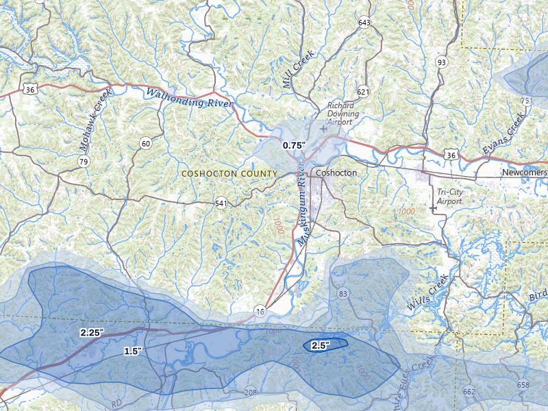 NEXRAD radar-signature map of the hail over Coshocton, OH