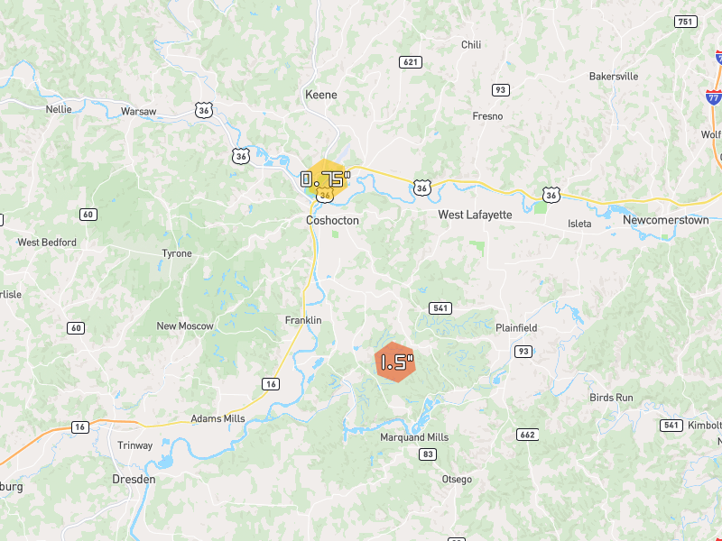 Hail map of Coshocton, OH on Jun 6, 2026, hail up to 1.5"