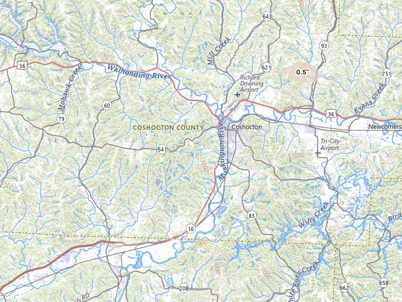 Radar-estimated hail-size map of the storm over Coshocton, OH on Jul 27, 2026