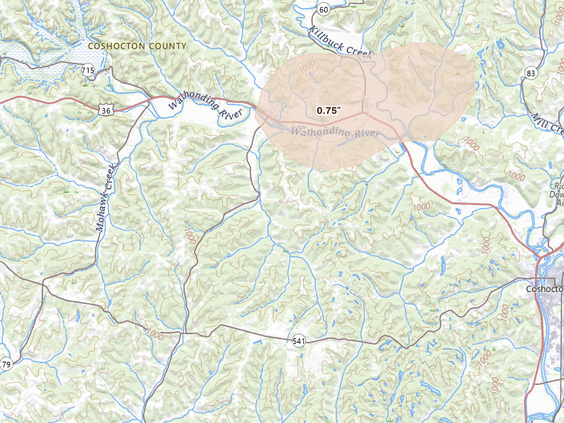 Radar-estimated hail-size map of the storm over Coshocton, OH on Aug 7, 2026