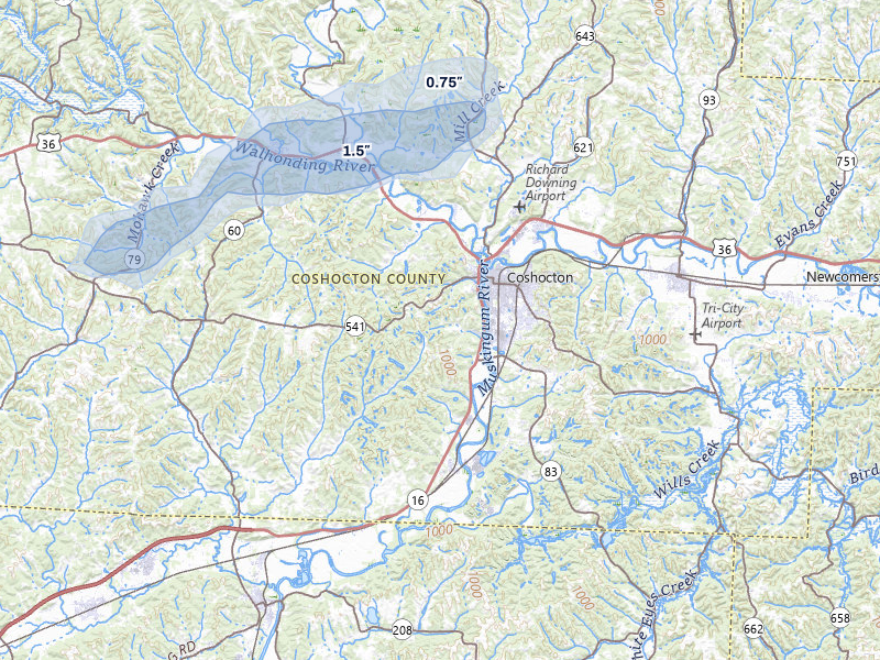 NEXRAD radar-signature map of the hail storm over Coshocton, OH on Aug 7, 2026