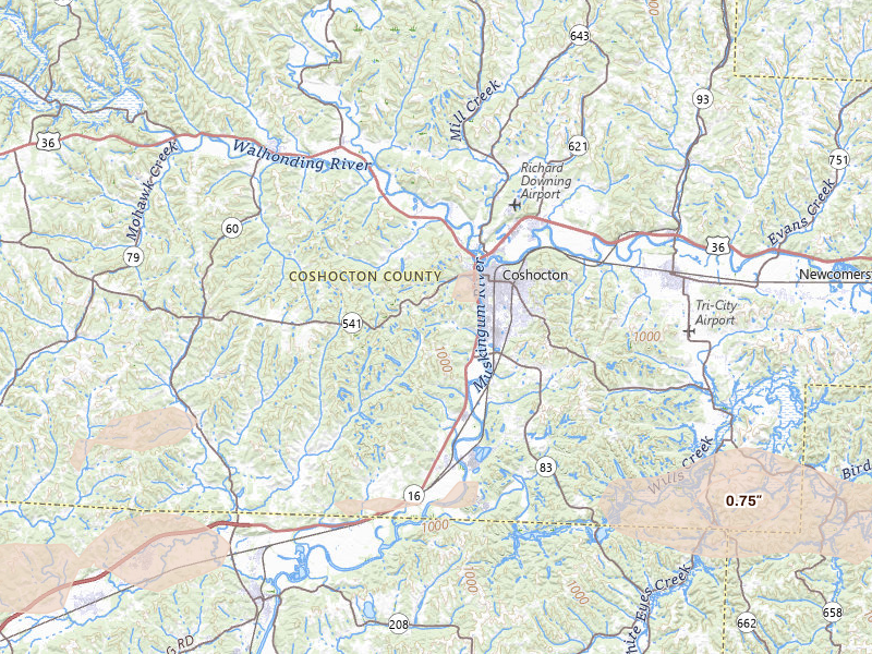 Radar-estimated hail-size map of the storm over Coshocton, OH on Aug 10, 2026