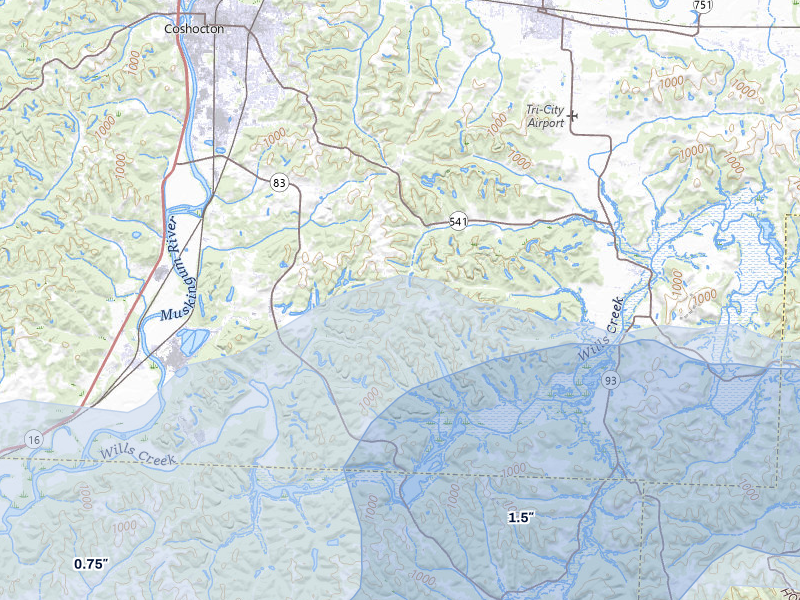 NEXRAD radar-signature map of the hail storm over Coshocton, OH on Aug 10, 2026