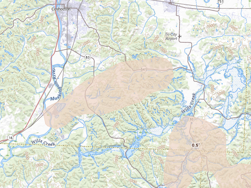 Radar-estimated hail-size map of the storm over Coshocton, OH on Aug 22, 2026