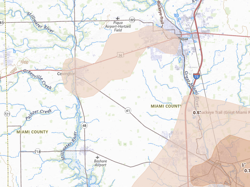Radar-estimated hail-size map of the storm over Covington, OH on Aug 11, 2026