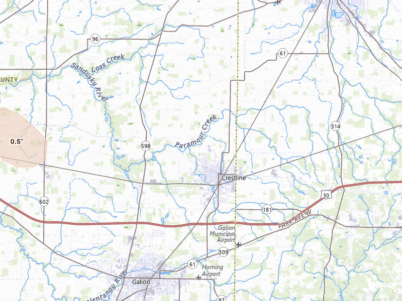 Radar-estimated hail-size map of the storm over Crestline, OH on Mar 22, 2026