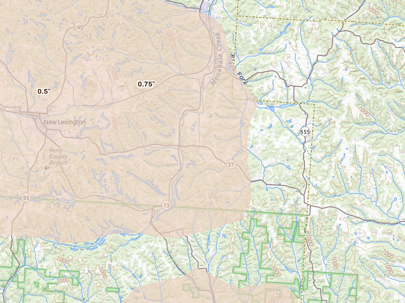 Radar-estimated hail-size map of the storm over Crooksville, OH on Aug 10, 2026