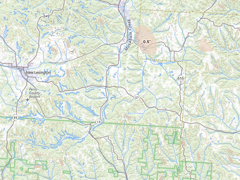 Radar-estimated hail-size map of the storm over Crooksville, OH on Aug 11, 2026