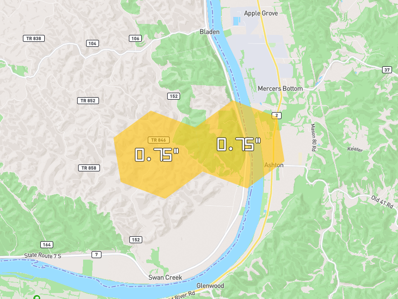 Hail map of Crown City, OH on Jul 5, 2026, hail up to 0.75"