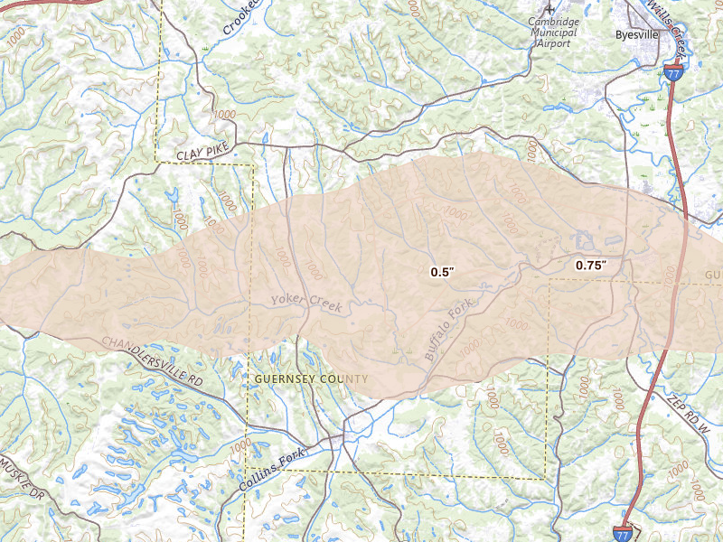 Radar-estimated hail-size map of the storm over Cumberland, OH on Jun 6, 2026