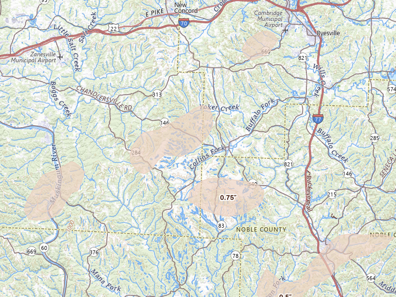 Radar-estimated hail-size map of the storm over Cumberland, OH on Aug 22, 2026