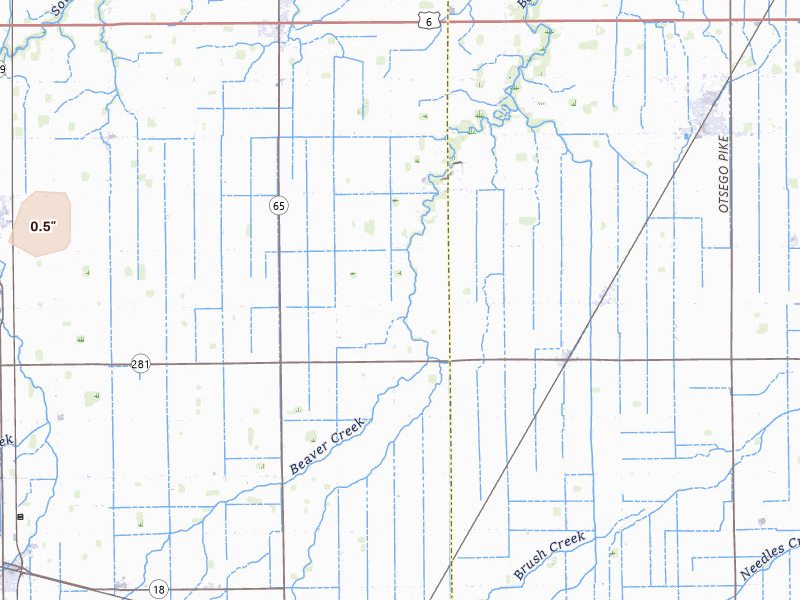 Radar-estimated hail-size map of the storm over Custar, OH on Mar 31, 2026