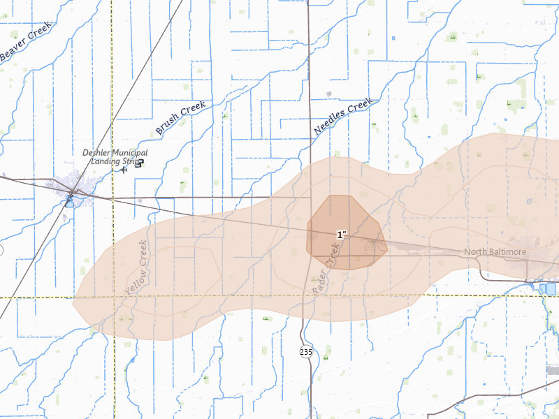 Radar-estimated hail-size map of the storm over Custar, OH