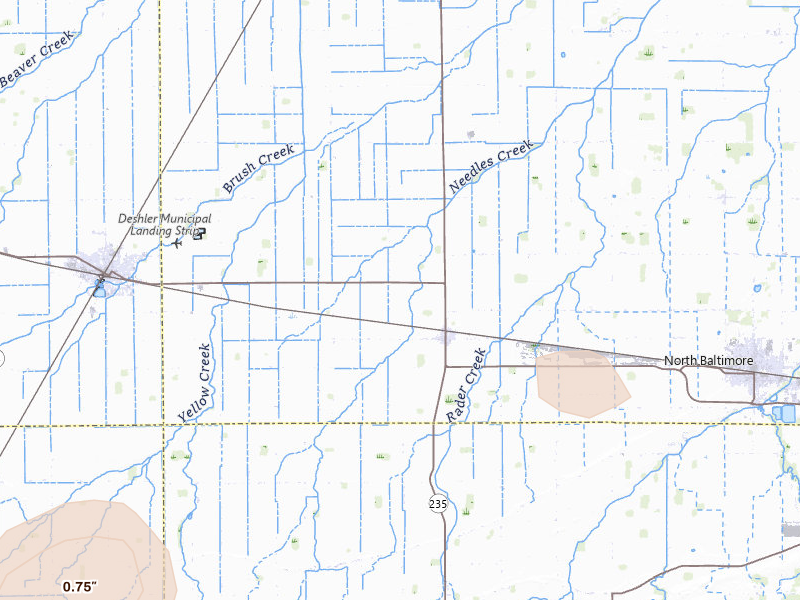 Radar-estimated hail-size map of the storm over Custar, OH on Jul 3, 2026