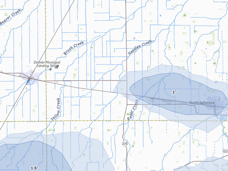 NEXRAD radar-signature map of the hail storm over Custar, OH on Jul 3, 2026