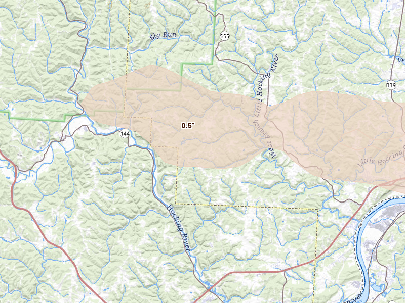 Radar-estimated hail-size map of the storm over Cutler, OH on Apr 1, 2026