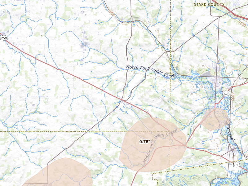 Radar-estimated hail-size map of the storm over Dalton, OH on Mar 22, 2026