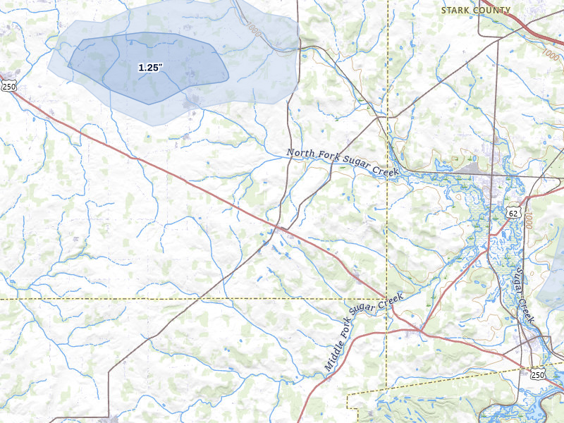 NEXRAD radar-signature map of the hail over Dalton, OH