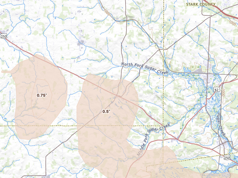 Radar-estimated hail-size map of the storm over Dalton, OH on Aug 10, 2026