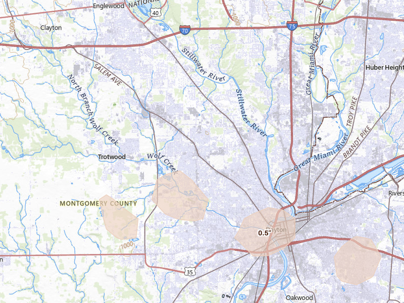 Radar-estimated hail-size map of the storm over Dayton, OH on Jul 21, 2026