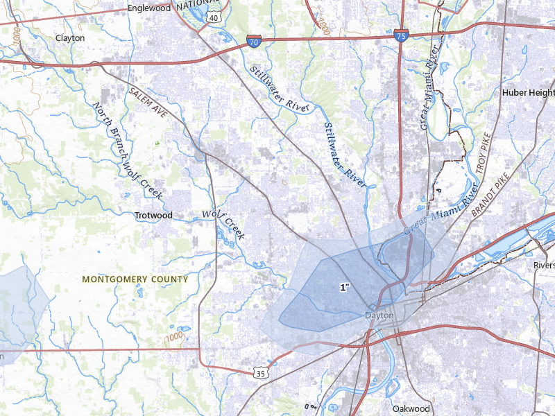 NEXRAD radar-signature map of the hail over Dayton, OH