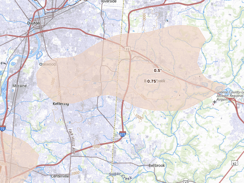 Radar-estimated hail-size map of the storm over Dayton, OH on Aug 7, 2026